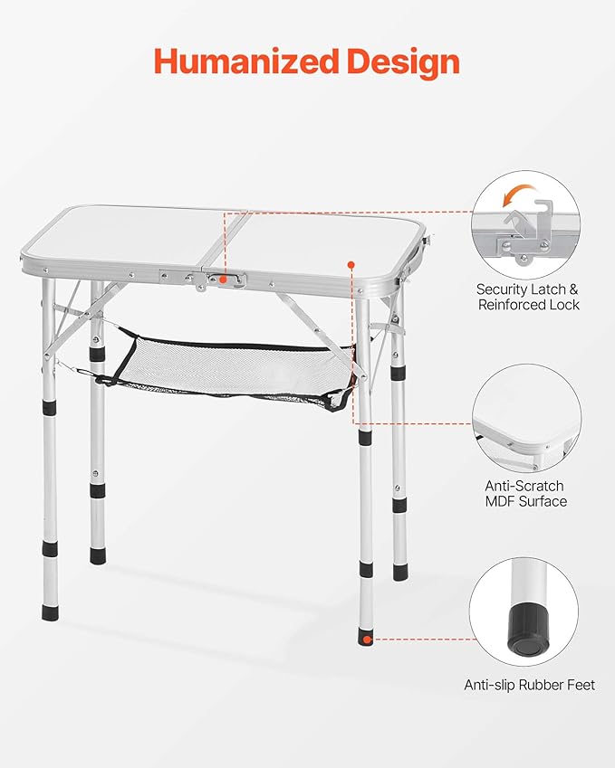VEVOR Folding Camping Table Adjustable Height Aluminum MDF Outdoor Portable Lightweight for Cooking Beach Picnic Travel 24 x 16 inch