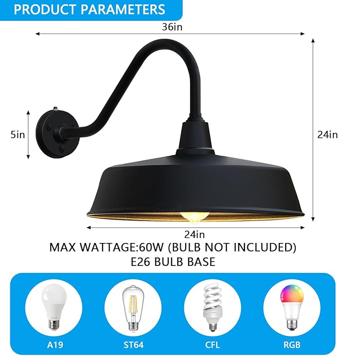 JOESA Extra Large 24 Barn Gooseneck Light Dusk to Dawn Exterior Light Fixture Ideal for Installation on Porch Garage Doorway Classic Outdoor Barn Light.