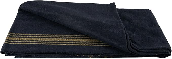 Fox Outdoor Products Wool Blanket - Warm Lightweight Wool Blend Blanket with Whip-Stitched Edges for Outdoor &amp Home Use Mustard-Striped Navy