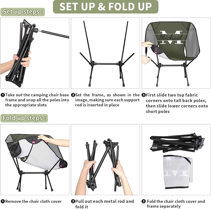 Custom Lightweight Camping Chair with Name Personalized Backpacking Chair Portable Folding Chairs for Patio Camp Hiking Picnic Travel
