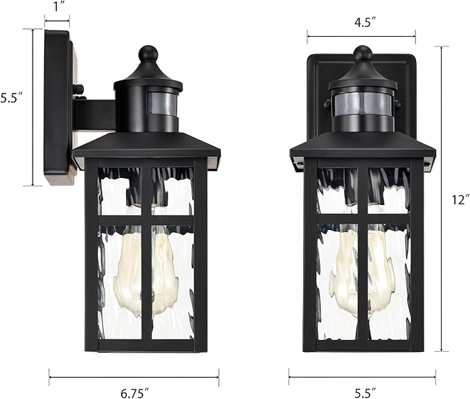 Edvivi Outdoor Wall Lights Exterior Dusk to Dawn Motion Sensor Outdoor Lighting Fixture with Water Glass 12 in. H 1-Light Matte Black Waterproof Wall Lantern Light for Patio Garden Garage Entryway