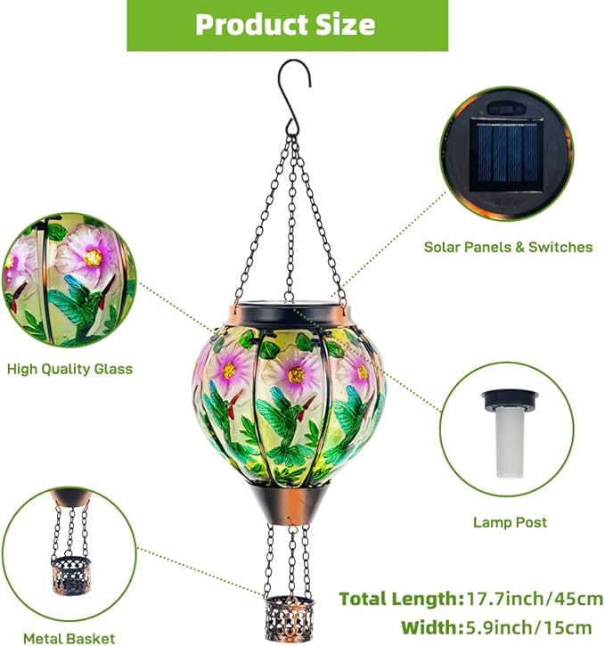DREAMSOUL 2PCS Hummingbird Hot Air Balloon Solar Lantern Hanging Glass Solar Lanterns Outdoor Waterproof for Garden Tree