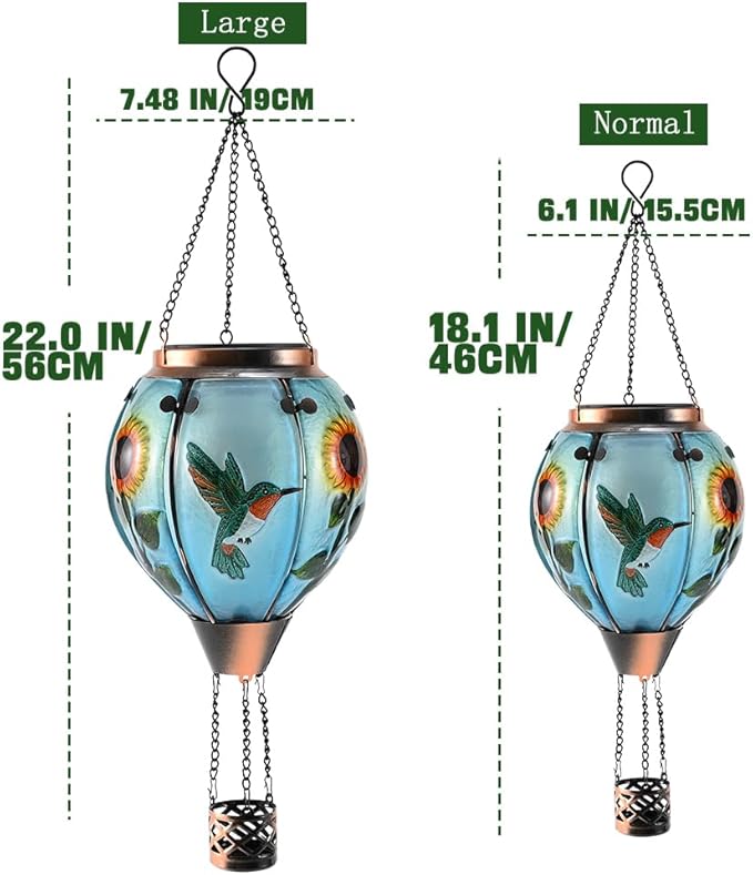 Hot Air Balloon Solar Lantern - Large Hummingbird Glass Lantern Simulated Flickering &amp Dancing Flame Outdoor Hanging Sunflower Yard Light Waterproof IP65 for Patio Lawn Porch Decor Gift