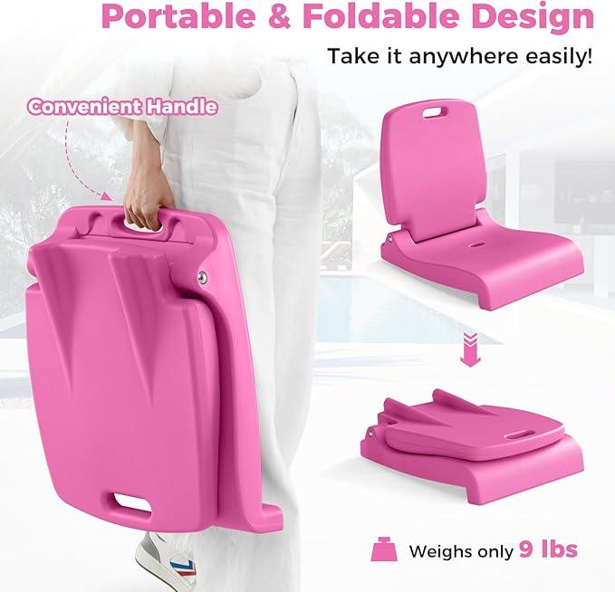 GYMAX Foldable Poolside Chairs for Edge of Pool Portable Pool Chair with Handle Drainage Hole Lightweight Folding Flip Seat for Beaches Camping Fishing Tailgating Lawn (Bright Pink1)