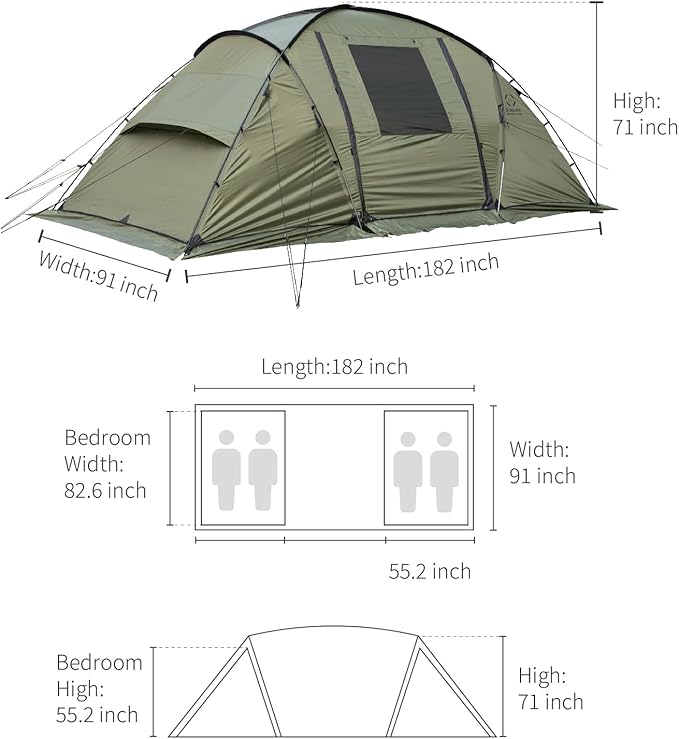 S'More Glamping Tent with Porch 2/3/4/5/6 Person Durable Weatherproof Camping Tent Large Family Tent with Room Divider Easy Setup Tent with Screen Room