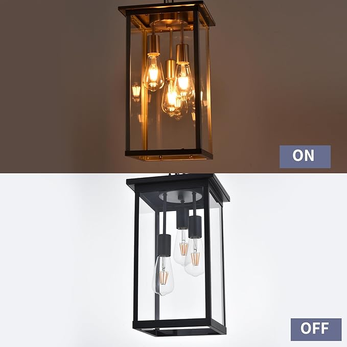 3-Lights Large Outdoor Pendant Light with Clear Glass Exterior Hanging Lantern Matte Black Height Adjustable Hanging Light Fixture for Porch Patio Damp Locations E26 Base