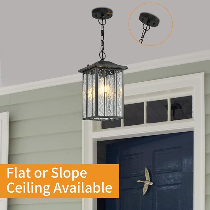 Outdoor Pendant Light Black Exterior Hanging Lights LED Outdoor Chandelier Modern Hanging Lantern for Porch Ceiling Entry Porch Patio Matte Black with Water-Rippled Glasses