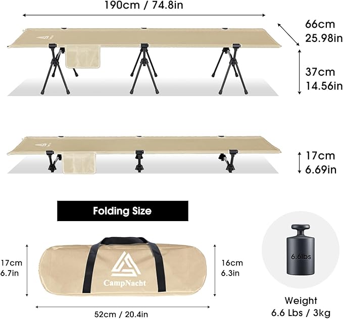 CAMPNACHT Ultralight Camping Cot with Leg Extenders Aluminum Lightweight Folding Cot for Adults Portable Backpacking Compact Tent Cot for Outdoor Hiking 1 Pack with 2 Use Modes Khaki