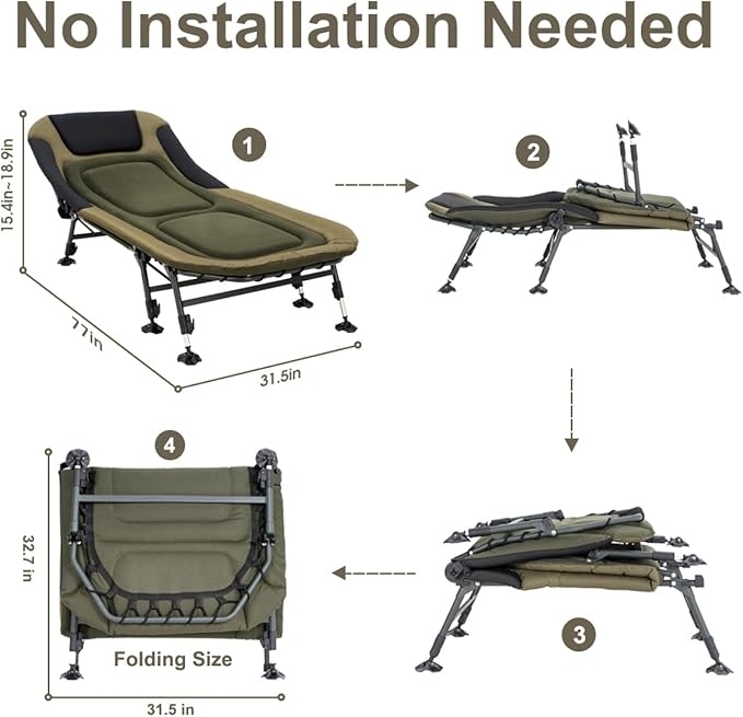 XXL Camping Cots for Adults 330Lbs with Carry Bag Heavy Duty Folding Bed with Soft Padded Cushion Portable Military Cot for Hunting 180° Adjustable Reclining Outdoor Lounger