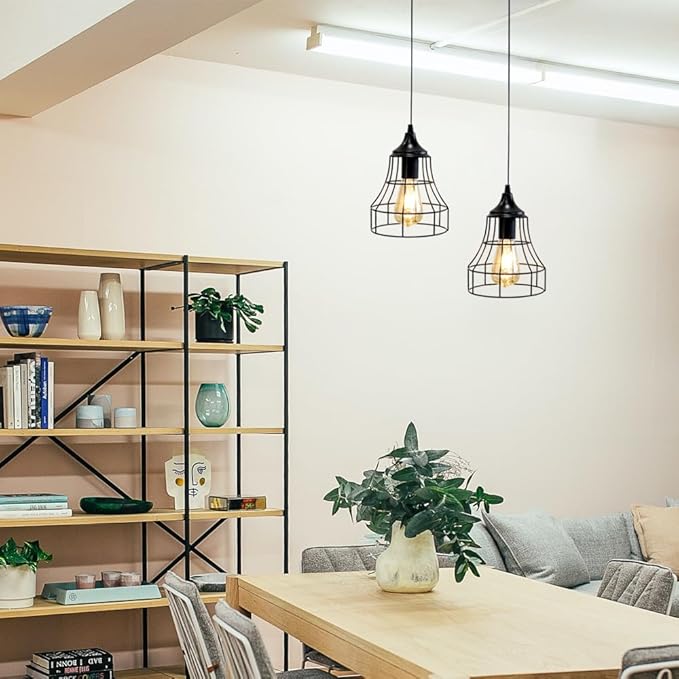 JHY DESIGN Hanging Lamp Set of 2 Battery Powered Decorative Pendant Lamp Metal Cage Battery Lamp with 6 Hours Timer for Bar Bedroom Garden Parties Patio Indoor Outdoor Living Room(Geometry)