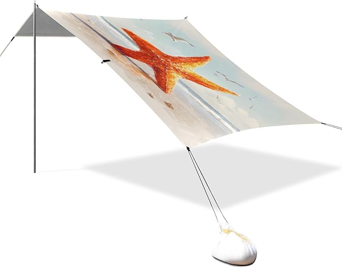 ALAZA Starfish Seagull Beach Beach Tent Sun Shelter UPF50+ Protection Beach Shade Canopy w/ 4 Sandbags for Outdoor Camping Fishing Backyard Fun Picnic 10x9 ft