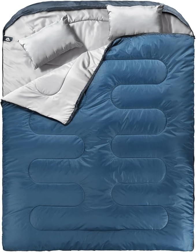 MEREZA Double Sleeping Bag for Adults Mens with Pillow XL Queen Size Two Person Sleeping Bag for All Season Camping Hiking Backpacking 2 Person Sleeping Bags for Cold Weather &amp Warm