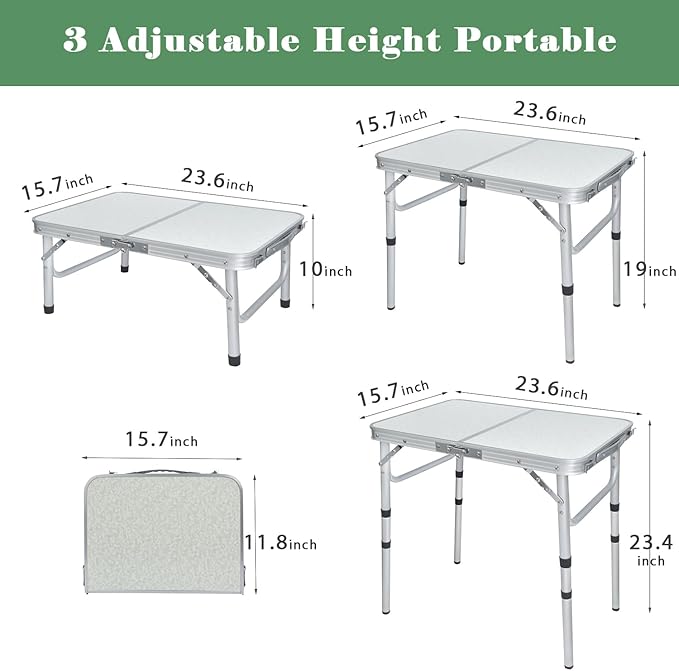 Small Folding Camping Table 2ft Portable Picnic Table Aluminum 24 x 16 Folding Table 3 Adjustable Heights Portable Lightweight Table Dining Table for RV Picnic Beach (White)