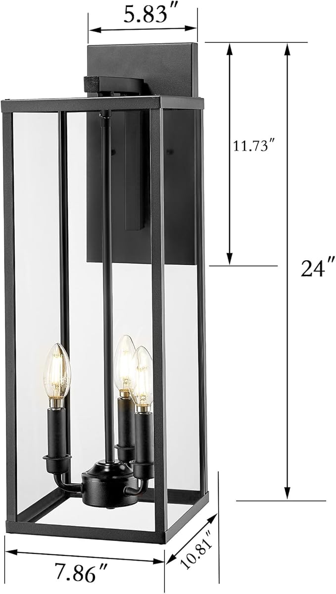 Bestshared Large Outdoor Wall Sconce 24'' Modern Black Outdoor Wall Lantern 3-Light Clear Glass Porch Light Weather Resistant Outside Light for House Entryway Garage Patio E12 Base(2Pack)