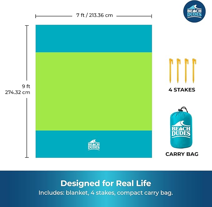 Green Spirit Oversized Beach Blanket - 108x84 XL Sandproof Water-Resistant Picnic Mat | Lightweight Ripstop Nylon for Travel &amp Camping | Includes 4 Stakes and Carry Bag