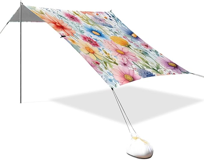 Watercolor Small Flowers Beach Tent Sun Shelter 9.2' x 10.5' Beach Canopy with 4 Sandbags 4 Stability Poles Sand Shovels - Tent Canopy for Beach Camping Fishing Picnics