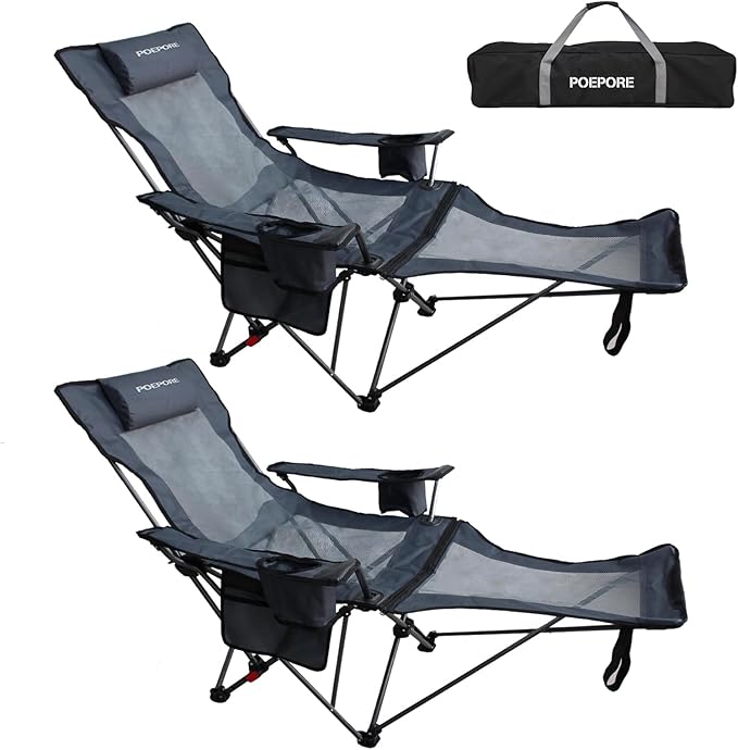 Reclining Camping Chair with Removable Footrest Lounge Chair with Headrest Cotton Cushion Portable Adjustable Folding Chairs