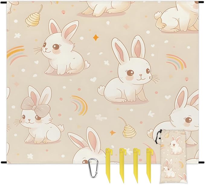 Waterproof Sandproof Beach Blanket 59''×68'' Animals Rabbits Polyester Outdoor Picnic Blanket with 4 Stakes &amp Storage Bag for BeachCampingVacation Beige