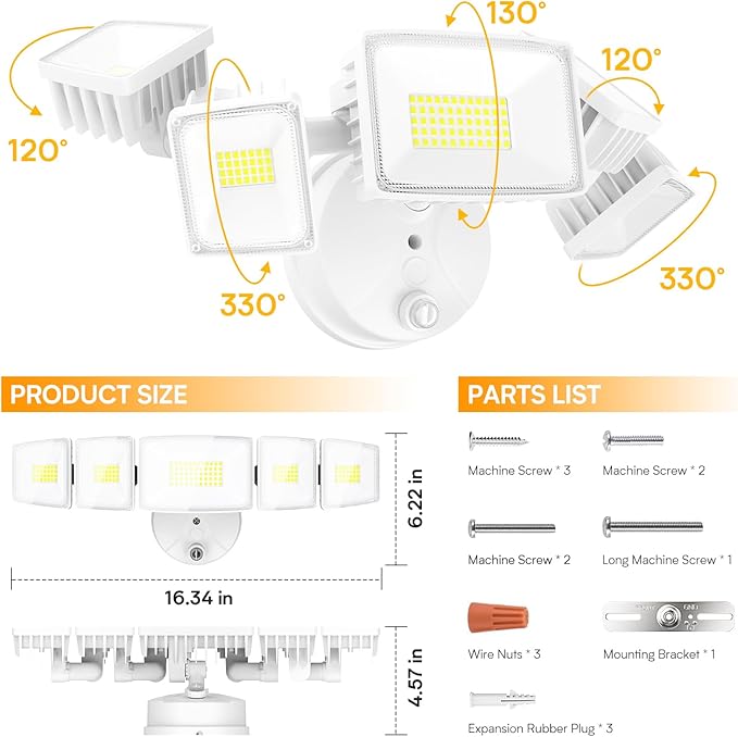 Onforu 120W 12000LM Dusk to Dawn Outdoor Lighting5 Heads Flood Lights Outdoor6500K Super Bright Automatic Outdoor LightingIP66 Waterproof Hardwired LED Security Lights for GarageYardOutside