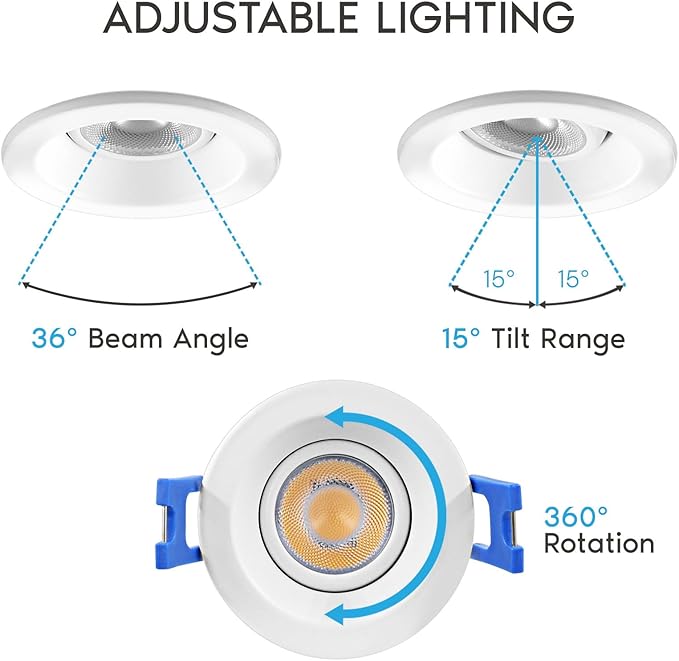 LUXRITE 1 Inch Gimbal Adjustable LED Recessed Light with J-Box 12W 5 Color Selectable 2700K-5000K 1000 Lumens Dimmable Directional LED Downlight Wet Rated ETL Listed