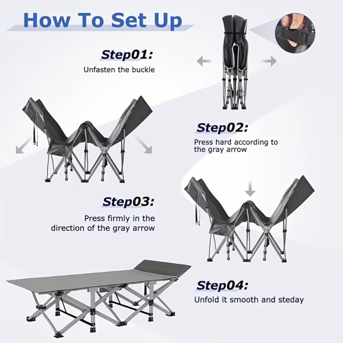 Camping bed with a load capacity of 560/660/760 lbs with a mattress and a storage bag. It is a foldable and easy-to-store guest bed A version without a mattress is also available (Grey 560lbs)