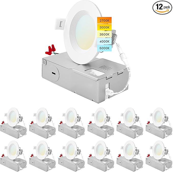 LUXRITE 12-Pack 3 Inch Ultra Thin LED Recessed Lighting 6W 5 Color Selectable 2700K | 3000K | 3500K | 4000K | 5000K CRI 90 500 Lumens Dimmable LED Wafer Lights Wet Rated IC Rated Baffle Trim
