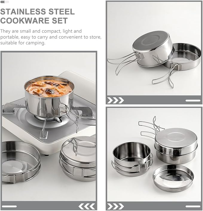 Stainless Steel Camping Cookware Set Portable 4pcs Pot Pan with Foldable Handles Easy-Clean Outdoor Cooking Utensils for Hiking and Backpacking
