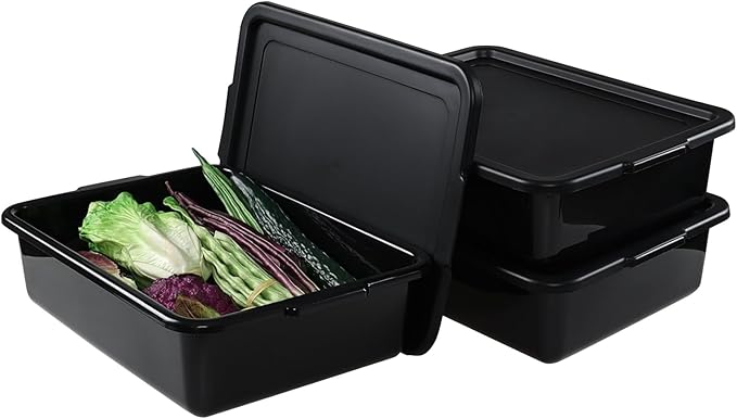 Taysisiter 13 L Plastic Commercial Bus Tub with Lid Restaurant Bus Bin Black 3 Packs