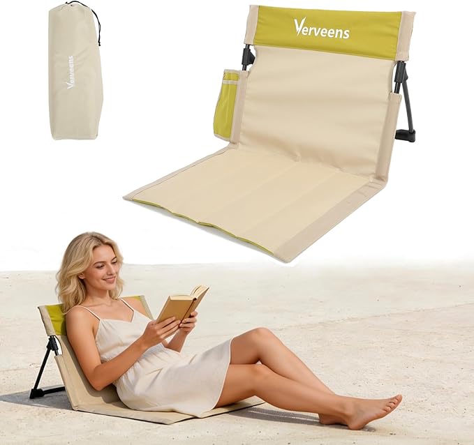 Extra Large Foldable Camping Chair with Cup HolderUltra-Light Portable Beach Chair with Carry Bag for Sunbathing Swimming Poolside Picnic Lawn Road Hiking Trips (Beige and Yellow)