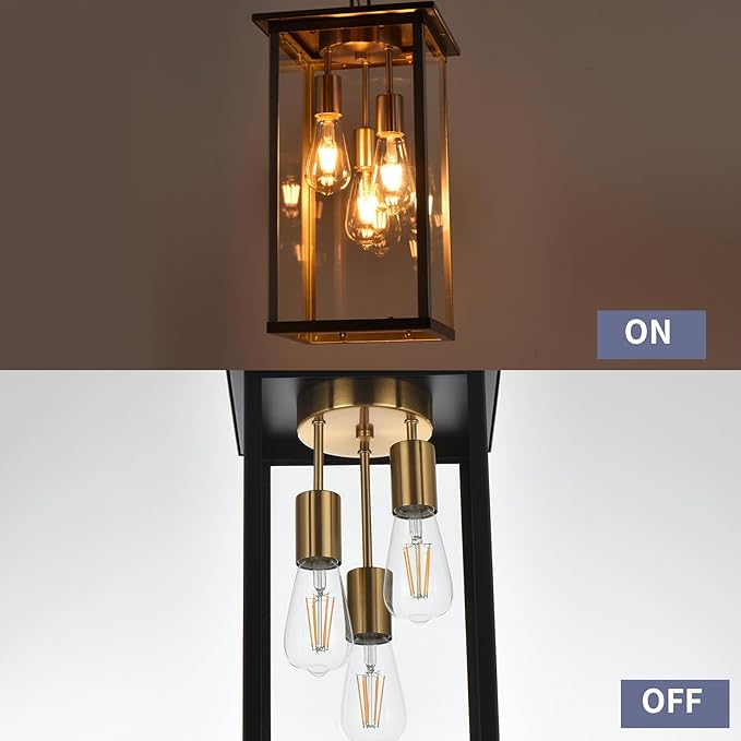 3-Lights Black and Brass Outdoor Pendant Light Exterior Hanging Lantern with Clear Glass Height Adjustable Hanging Light Fixture for Porch Patio Damp Locations E26 Base