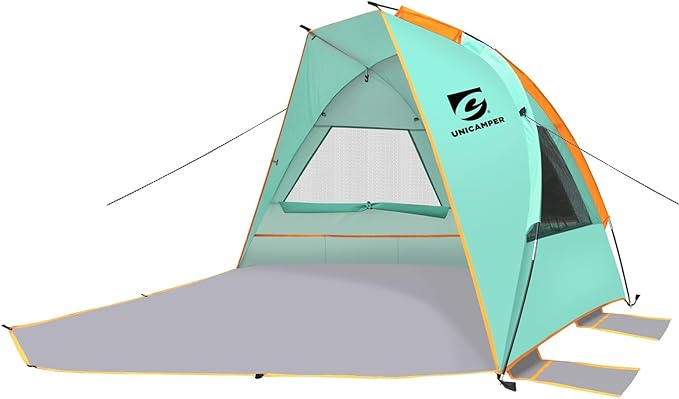 Beach Tent 3 Person Sun Shelter UPF 50+ with Extended Waterproof Pe Floor &amp 3 Mesh Roll Up Windows Fits Portable Beach Shade Easy Setup for Outdoor Camping Indoor Fishing Yard. (Green)