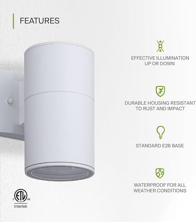 ASD 1 Light Outdoor Wall Light Fixture | 60W E26 Bulb Socket 120V ETL Cylinder Up Down Lights | LED/CFL/Incandescent Bulb Exterior Wall Sconce | Front Door Porch Patio Lighting | White