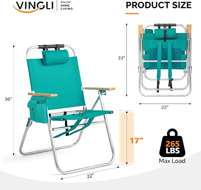 VINGLI 17“ Aluminum Backpack Beach Chair – Tall Beach Chairs for Adults Portable with Adjustable Straps 3-Position Reclining Cup Holder 2 PillowHigh Lightweight Beach Chairs (Green 17 High)