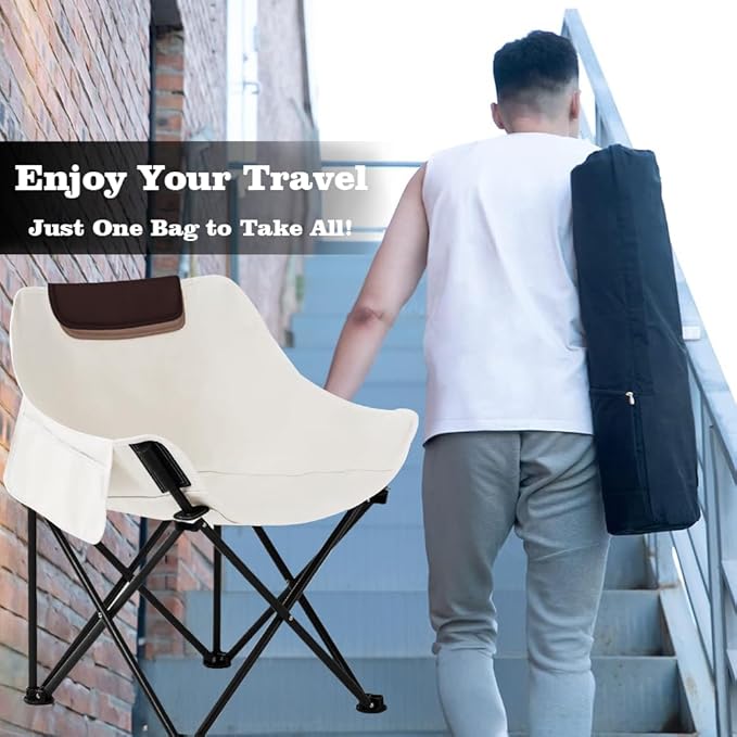 Folding Chairs Heavy Duty Support 330 lbs Moon Chair with Carry Bag Outdoor Quad Lumbar Back Padded with Side Pockets Built Durable and Reliable with Compact Foldable Steel Frame