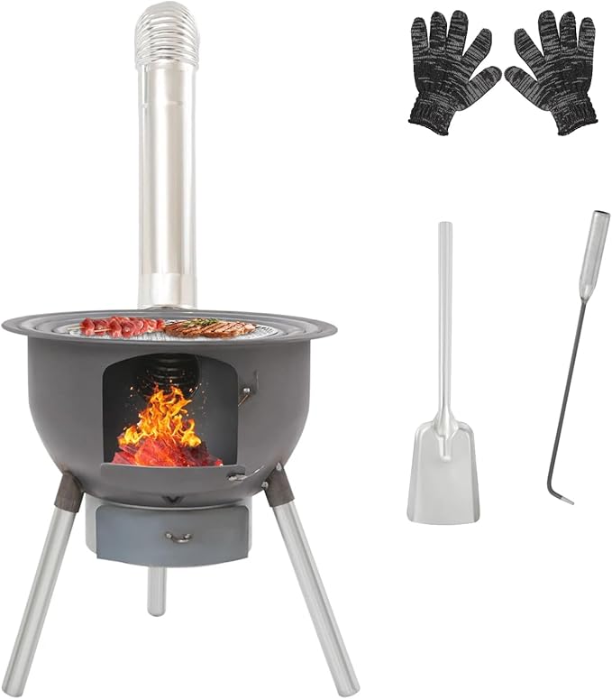 Multifunction Wood Burning Stove With Grill Rack Camping Wood Stove Large Charcoal Grill With Grill Rack For Outdoor/Backyard Cooking Picnic And Barbecue. (Black-19in)