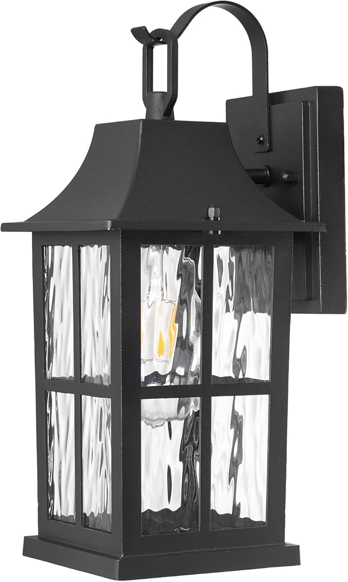 Outdoor Light Fixture IP44 Waterproof Rustproof Porch LightAluminum &amp Water Pattern Glass Exterior Sconce13-inch Black Outdoor Sconce Lights for Front Door Garage Patio (UL-Certified)