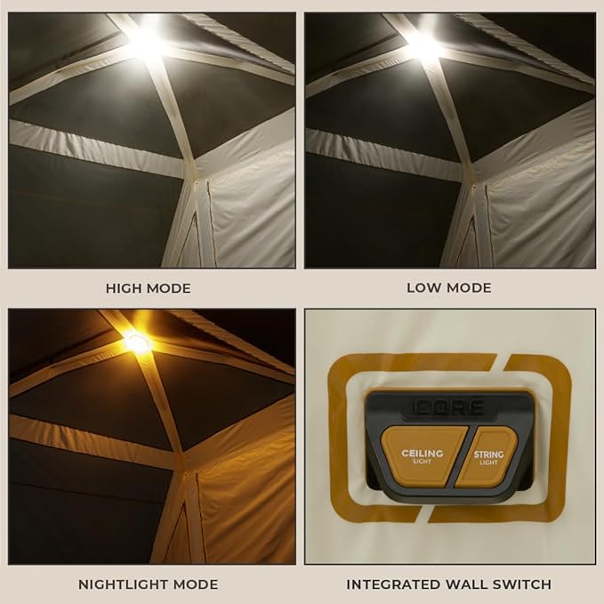 CORE Instant Cabin Tent with LED Lights | Large Family Lighted Pop Up Tent with Carry Bag for Camping Glamping and Backyard Adventures | Included Storage Pockets for Camp Accessories