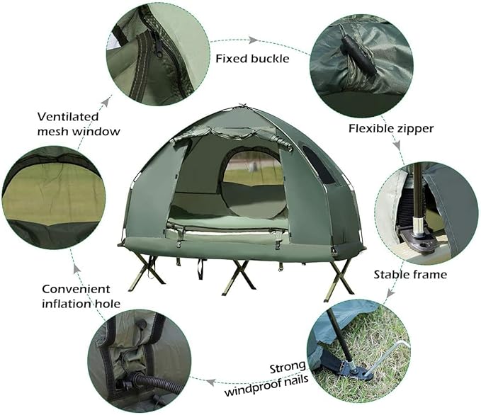 Moccha Folding Camping Tent Cot with Sleeping Bag and Air Mattress Elevated Camping Tent with Carry Bag for Outdoor Activity Hiking Picnic (1-Person)