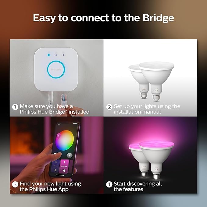 PHILIPS Hue Smart 100W PAR38 LED Bulb 2 Pack White &amp Color Ambiance Color-Changing Light 1300LM E26 Outdoor Light Bulbs Control with Hue App Works with Alexa Google Assistant and Apple Hom