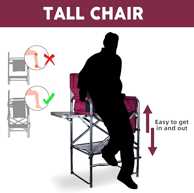 30 Tall Directors Chair with Side Table 400LBS Bar Height Folding Camping Chair for Makeup Artists Outdoor Events Portable Foldable Chair with Cup Holder &amp footrest - Light Wine Red