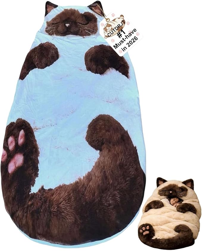 Giant Fluffy Plush Cat Sleeping Bag for Human Adults Adorable Animal Shaped Cozy Soft Warm Blanket Envelope Cute Slumber Bags Floor Lounger Gift for Camping Travel Sleepovers &amp Home Lounging