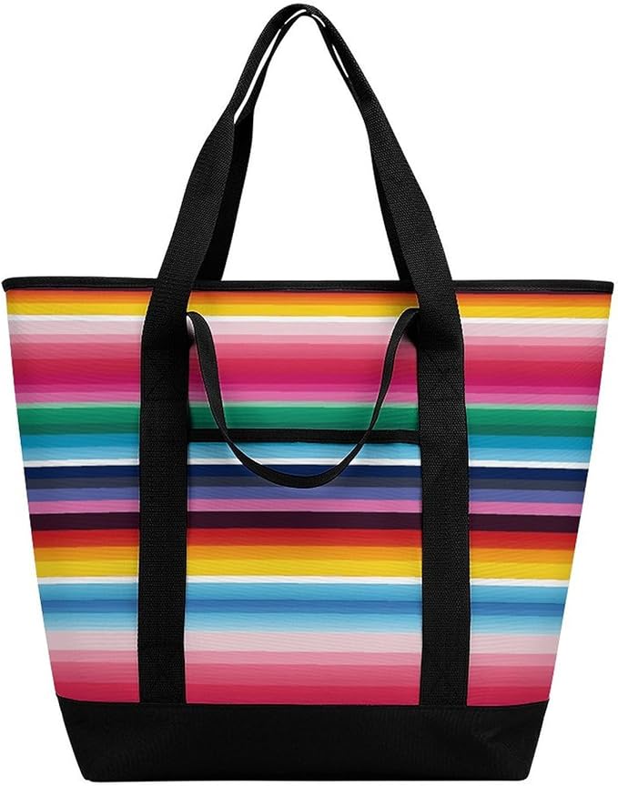 Insulated Shopping BagLarge Reusable Cooler Bags Colorful Mexican Stripes Printed Foldable Shopping BagTravel Waterproof Shoulder Bag