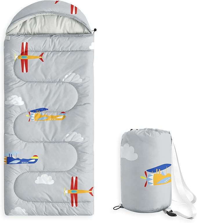 Wake In Cloud - Kids Sleeping Bag for Boys Toddlers Camping in Warm Cold Weather Backpacking Lightweight Compact Outdoor Liner for 3 Seasons Colorful Vintage Airplanes