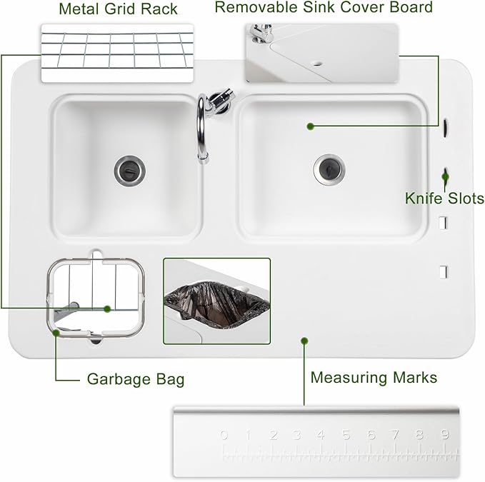 VINGLI Folding Fish Cleaning Table with 2 Sink Outdoor Portable Camping Table with Grid Rack &amp Sprayer Cutting Table with Drainage Hose Stainless Steel Faucet for Patio Backyard BBQ