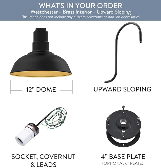 Steel Lighting Co. Westchester Barn Light | Outdoor Wall Mounted | 12 inch Dome | Upslope Gooseneck| Warehouse Steel Light Made in America | Matte Black Exterior/Brass Interior