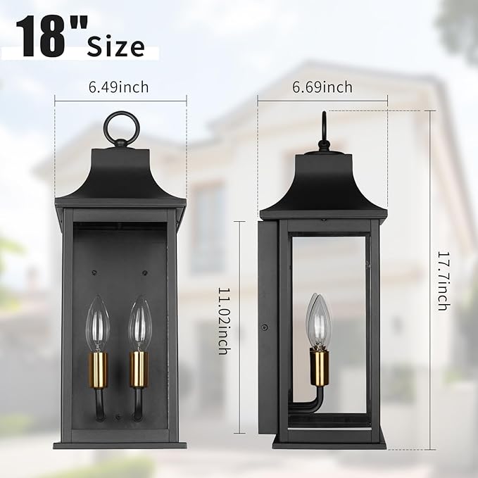 JYZ 18 Outdoor Wall Light Lantern 2-Light Exterior Wall Sconce with Gold Socket &amp Clear Glass Anti-Rust Matte Black Outside Lighting Fixture for Front Door Porch Garage E12 Base