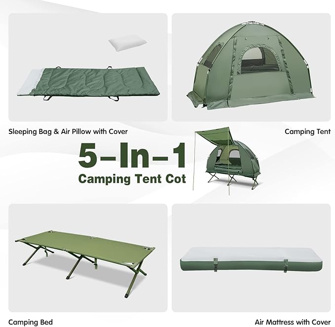 Safstar 5-in-1 Tent Cot Camping Cot Tent with Air Mattress Sleeping Bag Camping Cot Awning &amp Air Pillow Carrying Bag Off The Ground Tent Elevated Tent Cot for Camping Hiking Picnic Travel