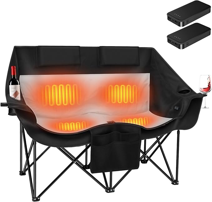 Heated Double Camping Chair with 2 20000mAh Battery Pack 2 Control Switches 2-Person Loveseat 550 lbs for Outdoor Sports Picnics Rugby Match Lawn. Make Your Autumn and Winter Warmer