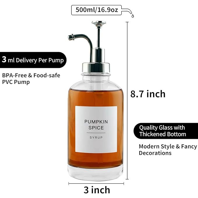 Glass Coffee Syrup Dispenser Bottles with 84 Labels (Set of 2) Coffee Pump Dispenser for Coffee Bar Accessories 16.9 oz Silver