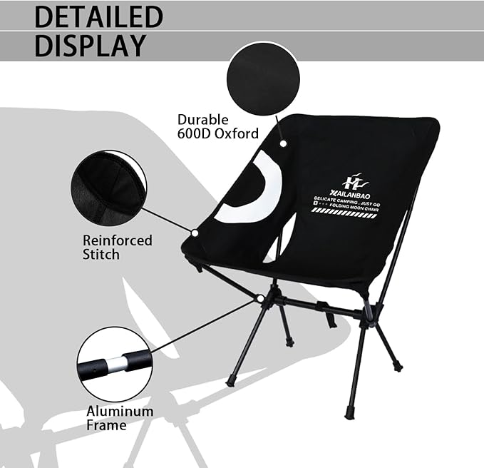 Folding Camping Chair for Adults Heavy Duty 300lbs Capacity Compact Backpacking Hiking Chair – Portable Durable Outdoor Chair with Ergonomic Support (Black)